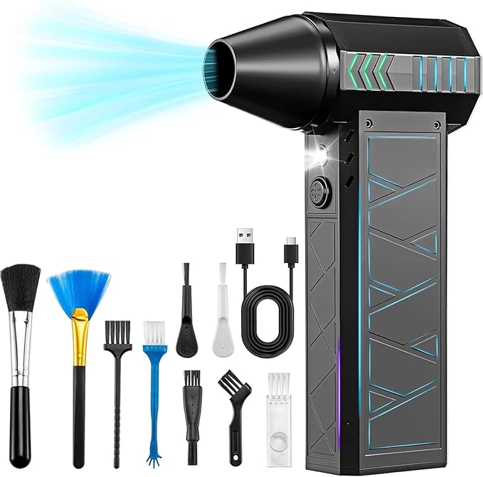 Compressed Air Duster, 180000RPM Electric Air Duster Whit LED Lighting & 9 Brush, 4 Gear Adjustable Turbo Fan, Cordless Air Blower Rechargeable, Air Duster for PC/Laptop/Keyboard/Car/Home Cleaner
