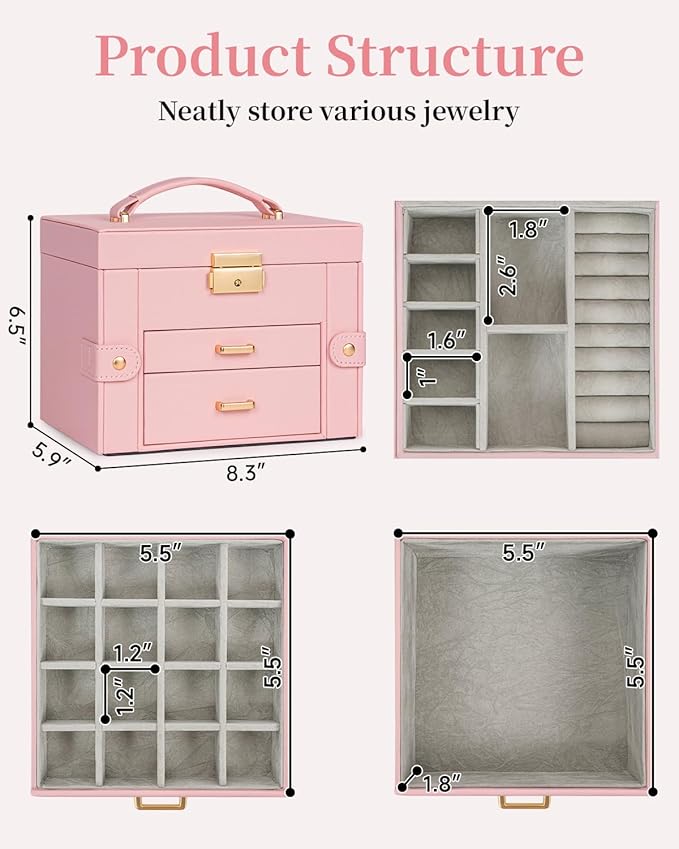TORIBIO Jewelry Box for Women, Leather Jewelry Organizer with Mirror & Lock, 3-Tier Jewelry Storage Organizer with 2 Drawers for Girls/Women/Mothers, Necklace Earring Bracelets Holder Organizer