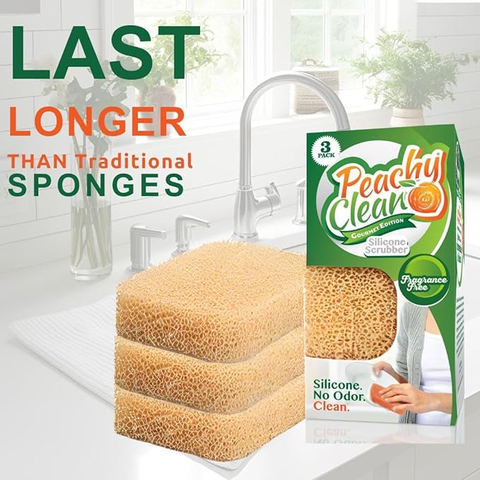 Peachy Clean Silicone Dish Sponge Scrubbers, Unscented Freshness, Non-Scratch, Odor-Resistant, Durable Dish Sponges for Kitchen 3pk