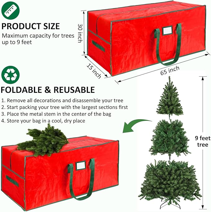 HABGP 9 ft Large Christmas Tree Storage, Stores 9 Foot Artificial Xmas Trees, Sturdy Plastic Waterproof Christmas Holiday Tree Bag For Storage Box with Strong Handles & Zipper, Red