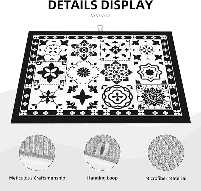 Retro Black Pattern Dish Drying Mat 18x24 For Kitchen Counter Absorbent Microfiber Dishes Pad Dish Drainer Rack Mats Fast Dry Kitchen Accessories