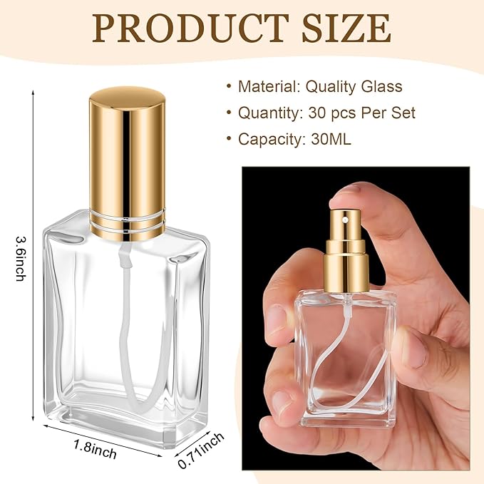 Domensi 30 Pcs 30 ml Glass Perfume Bottles Mini Glass Empty Spray Atomizer Bottles Bulk Refillable Perfume Dispenser Container with Pump Tool for Travel Cleaning Skin Care(Gold)