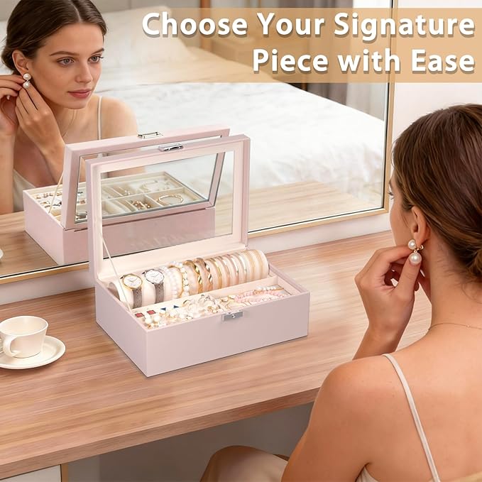 Jewelry Organizer Box with Clear Glass Lid, Bracelet Holder Jewelry Storage Case for Earrings, Rings, Bangles, Watches - PU Leather Jewelry Display Box Gifts for Women Girls, Pink