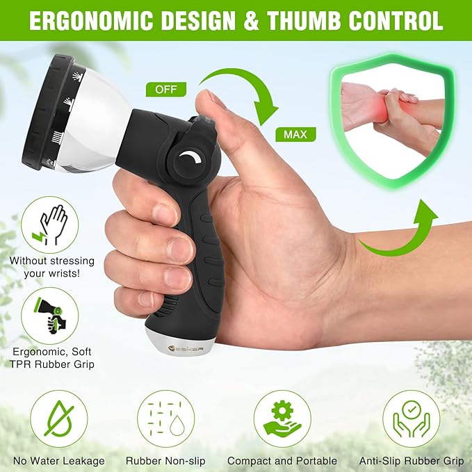 Yesker Garden Hose Nozzle Water Hose Sprayer Nozzle Adjustable 10 Spray Patterns Heavy Duty Metal Nozzles Thumb Control w Non-Slip Grip for Outdoor Watering Plants Lawn Washing Car Pets, Black