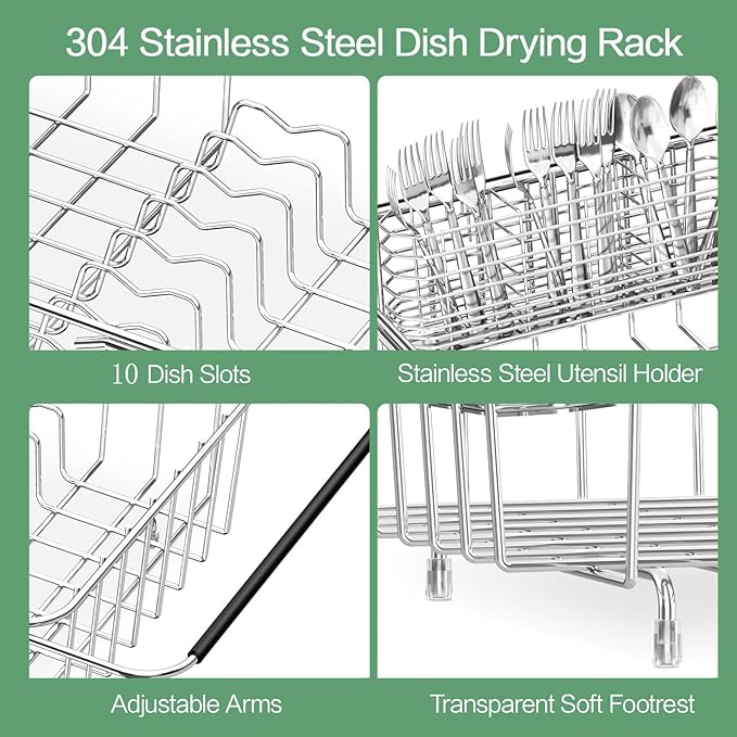 SwetLao Large Sink Dish Drying Rack, Expandable 304 Stainless Steel Metal Dish Drainer Rack Organizer Shelves with Stainless Steel Utensil Holder Over Inside Sink, Rustproof