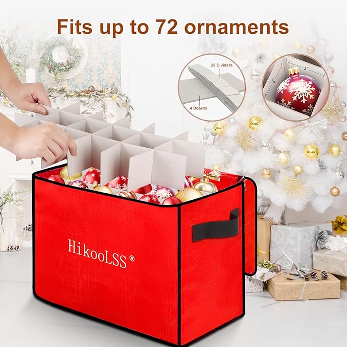 Christmas Ornament Storage Box - Stores up to 72 Holiday Ornaments with Adjustable Dividers,Covered Top and Two Handles,Double Zipper. PE Material Keeps Holiday Ornaments Clean and Dry (Red)