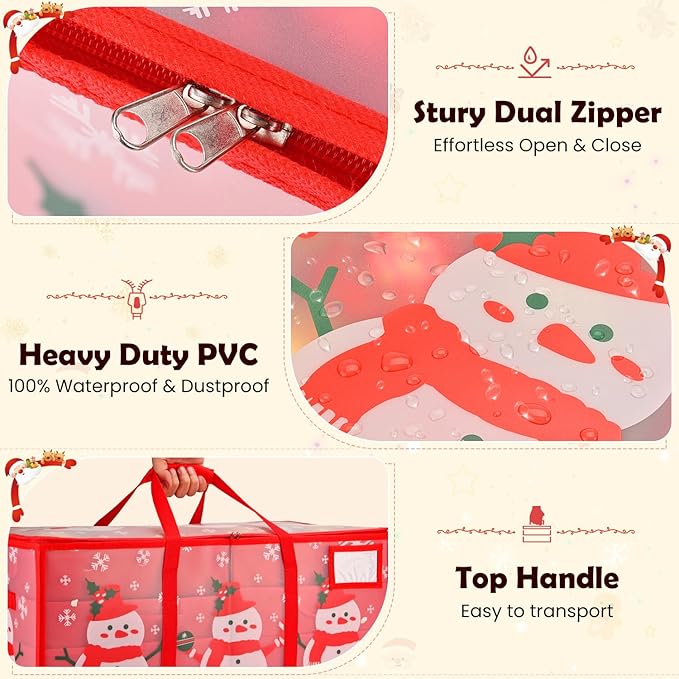 Plastic Christmas Ornament Storage Box with Adjustable Dividers, Waterproof Christmas Storage Containers Keep 128 Capacity, Dual Zippers, Ornament Organizer to Store Holiday Decor-Snowman