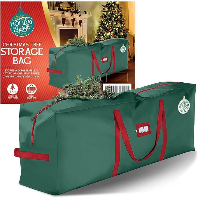 HOLIDAY SPIRIT Christmas Tree Storage Bag for 7.5 ft Tree - Heavy Duty, Waterproof 600D Oxford Canvas with Reinforced Handles and Dual Zipper - Protects from Dust and Moisture - Xmas Tree Bag, Green