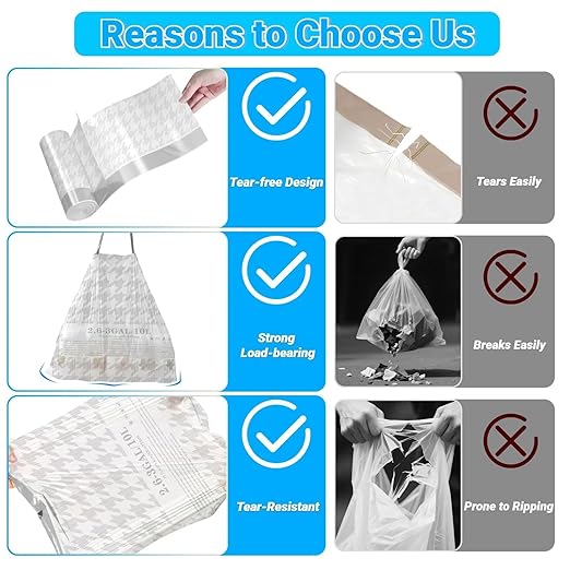 OKKEAI 2.6 Gallon Small Trash Bags White Drawstring Bathroom Garbage Bags – 90 Count Tear-Free, Heavy Duty Printed Liners, Leak-Proof White Trash Bag for Kitchen, Office, Multipurpose Use
