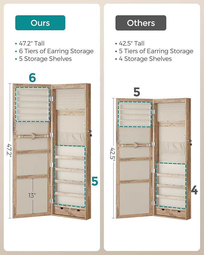 SONGMICS 6 LEDs Mirror Jewelry Cabinet, 47.2-Inch Tall Lockable Wall or Door Mounted Jewelry Armoire Organizer with Mirror, 2 Drawers, 3.9 x 14.6 x 47.2 Inches, Toasted Oak Color UJJC093N01