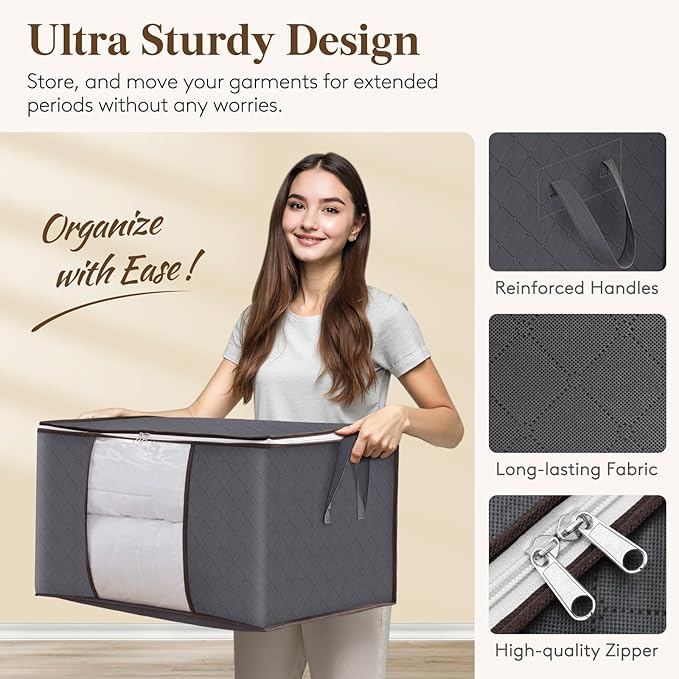 Lifewit Large Capacity Clothes Storage Bag Organizer with Reinforced Handle Thick Fabric for Comforters, Blankets, Bedding, Foldable with Sturdy Zipper, Clear Window, 21 Pack, 90L, Grey