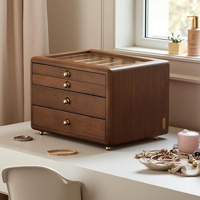 Solid Wood Jewelry Organizer,Vintage Jewelry Box for Women,4 Layer Wooden Box,Jewelry Storage with Glass Lid,Organizers and Storage for Rings,Earrings,Necklace,Watches,Gifts(No Mirror)