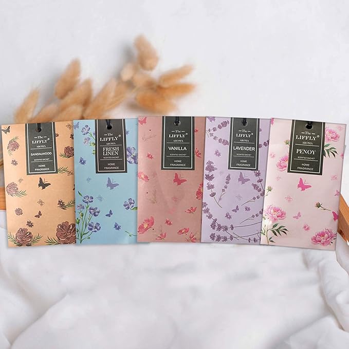 LIFFLY 13 Scents Scented Sachets for Drawers and Closets 14 Packs Lavender Rose Jasmine Ocean Vanilla Sandalwood Fresh Linen Cherry Blossoms Lilac Eucalyptus Peppermint Lemongrass Peony Gift Box