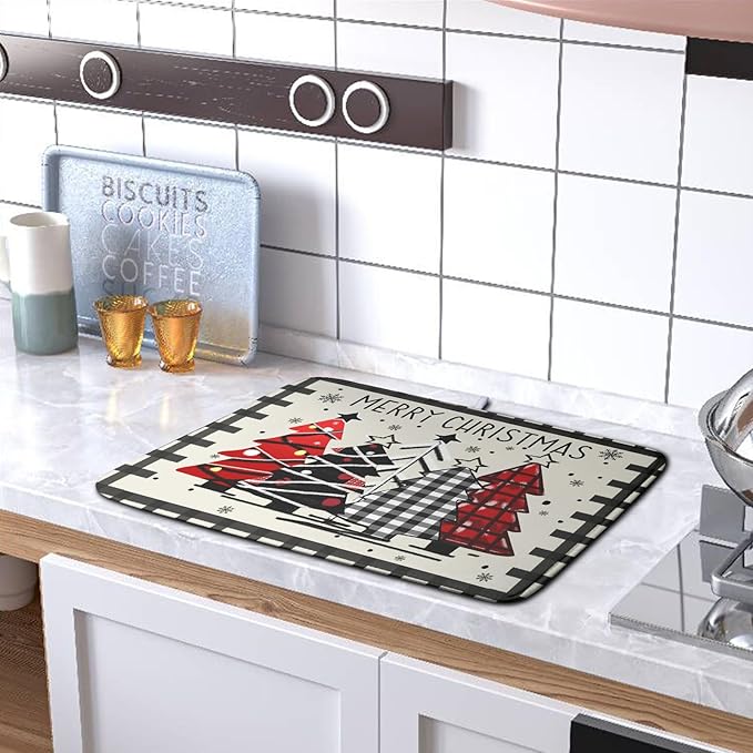 Kwlegh Merry Christmas Dish Drying Mats for Kitchen Counter 16x18 Buffalo Plaid Christmas Tree Microfiber Absorbent Drying Mat Seasonal Winter Holiday Drying Pad Dish Drainer Mat for Coffee Bar Sinks