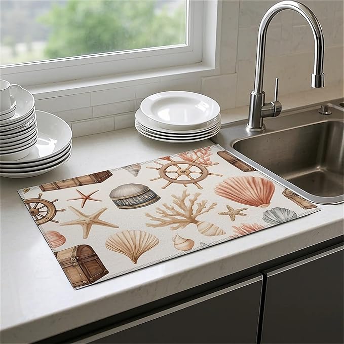 Dish Drying Mat For Kitchen Counter, Seashells Starfish Coastal Microfiber Absorbent Dish Drainer Rack Pad Reusable Large 18x24in Drying Mat