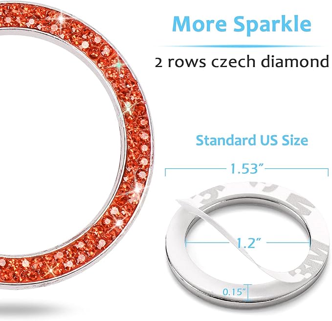 ToBeQueen Bling Car Crystal Rhinestone Ring Emblem Sticker, Car Interior Decoration, Bling Car Accessories for Women, Push to Start Button, Key Ignition Starter & Knob Ring (Orange)