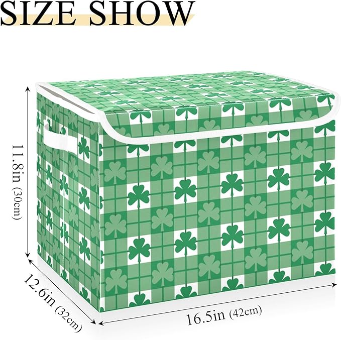St. Patrick's Day Baskets Collapsible Storage Bins with Lids, St. Patrick's Day Green Shamrocks with Plaid Storage Boxes Clothes Baskets for Organizing