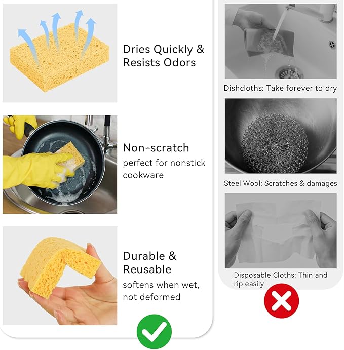 Mkobon 6 Pcs Kitchen Sponges for Dishes Cleaning, Non Scratch for Non Stick Cookware, Compressed Natural Cellulose Sponges, Dish Washing Scrubbers, Scrubbing Pads for Household, Bathroom (Multicolor)