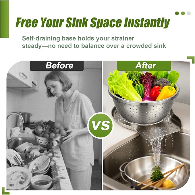 Palksky Stainless Steel Colander Set with Self-Draining Base, 3 Sizes Colanders & Food Strainers for Pasta, Rice, Fruits & Veggies, Metal Colander with Draining Plate for Sink or Countertop