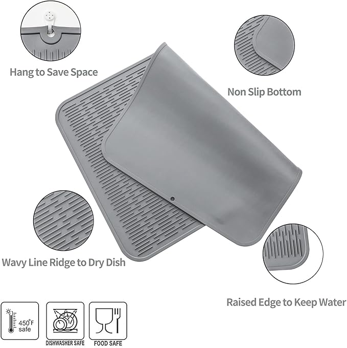 MicoYang Silicone Dish Drying Mat for Multiple Usage,Easy clean,Eco-friendly,Heat-resistant Silicone Mat for Kitchen Counter or Sink,Refrigerator or Drawer Liner Grey 3XL 28 inches x 18 inches