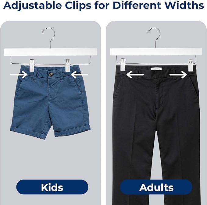 SereneLife 30 Pack Skirt and Pant Hanger with Adjustable Non-Slip Steel Clips, Premium Wooden, 360° Swivel Hook & 10 lb Capacity – Space-Saving Heavy-Duty Hangers for Jeans, Shorts & Slacks (White)