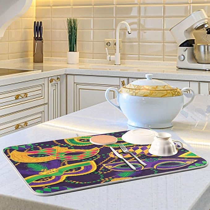 Mardi Gras Dish Drying Mat for Kitchen Mask Beads Confetti Masquerade Party Microfiber Drying Mats Absorbent Reversible Dish Pad Medium Dish Draining Mat 16x18 inch