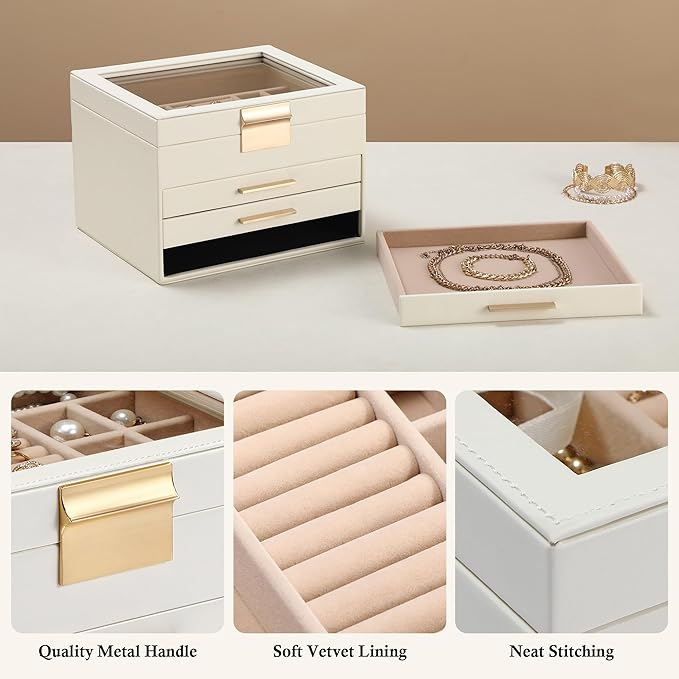 Jewelry Box Organizer for Women,4 Layers Jewelry Storage Display Box with Glass Lid,Gift for Christmas,3 Drawers,Large Capacity for Necklace Earrings Bracelets Rings,White
