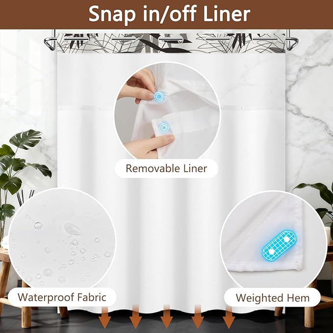 TQUQOBU No Hook Tropical Brown Beige Leaves Shower Curtain and Liner Set, Minimalist Boho Vintage Botanical Hotel Style Waterproof Fabric Shower Curtain with See Through Top Window, 71x74 Inch