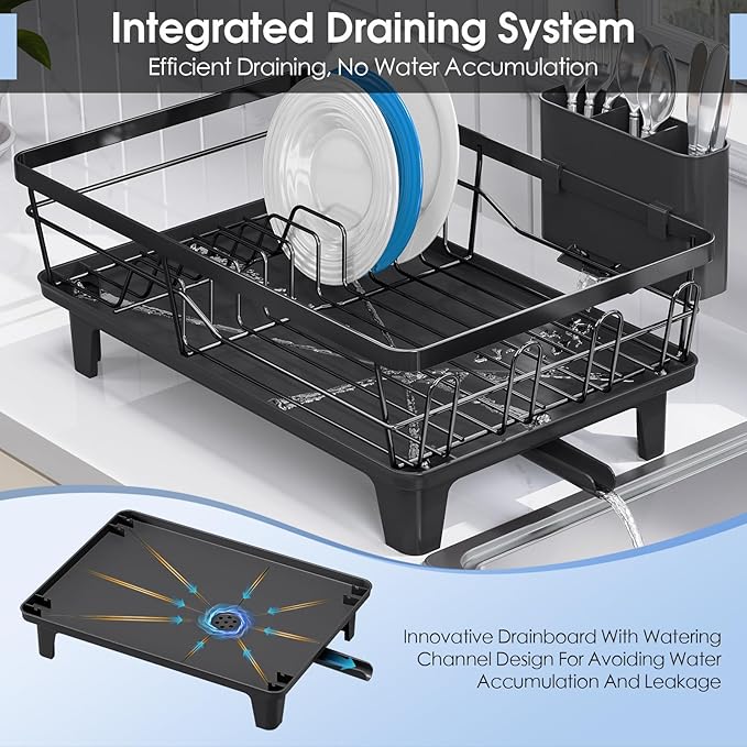 Urackify Dish Drainers for Kitchen Counter - Large Capacity Dish Drying Rack with Drainboard, Rustproof & Sturdy Design, Black Dish Rack Perfect for Plates, Cups & Kitchen Countertop Organization