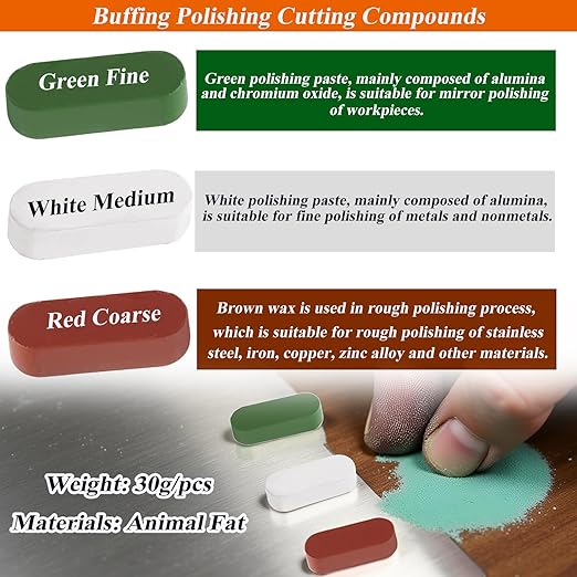 Sunxeke Metal Buffing Polishing Compound Kit,Buffing Wheel Compound Including White Diamond,Red Rouge, General Green(3 Pack, 3.5 Oz)