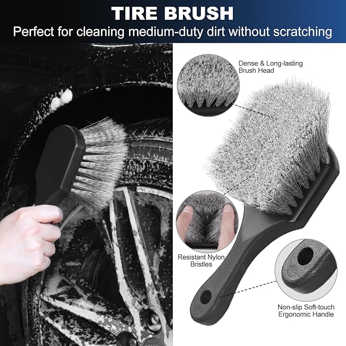 Car Wheel & Tire Brush Set, Wheel Cleaner Brush, Soft & Stiff Bristle Cleaning Brush, Wheel Brushes for Cleaning Wheels, Rim Brush for Car Body Exterior Surface, Carpet, Truck, SUV, RV, Motorcycle