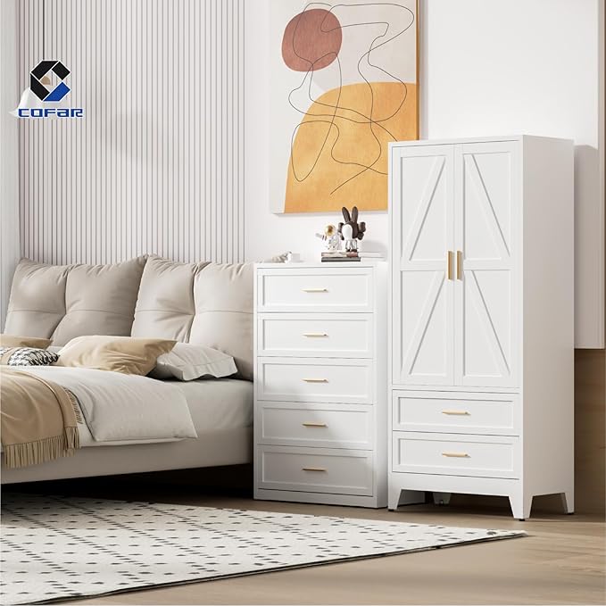 COFaR Metal Wardrobe Closet with Doors, 71'' Tall Farmhouse Bedroom Armoires with Drawers and Hanging Rod, Freestanding Steel Wardrobe Cabinet Coat Closet for Bedroom Home Office Garage, White