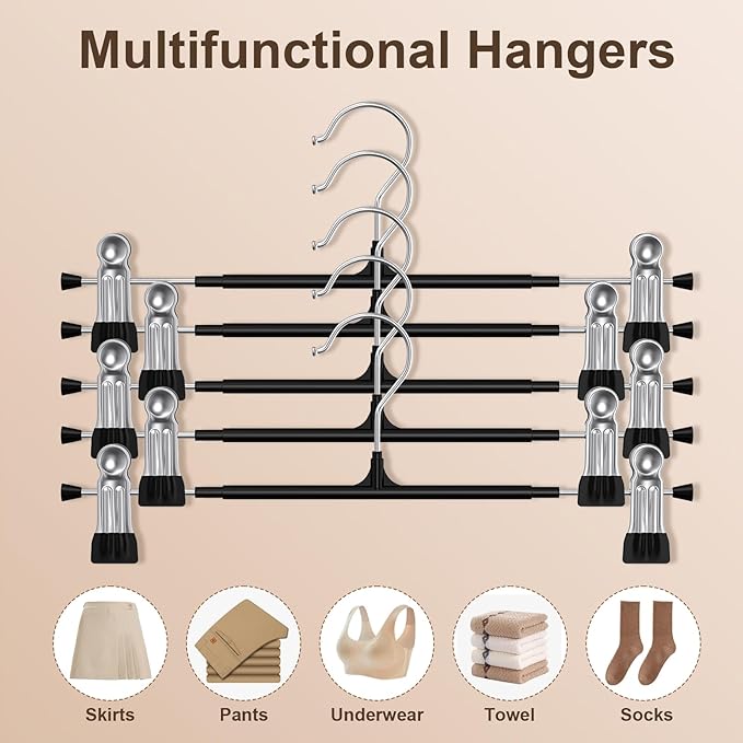 POZEAN Pants Hangers with Clips 30Pack, 12Inch Adjustable Skirt Hangers for Women, Space Saving Non-Slip Hangers for Shorts, Jeans, Coat, Kids' Clothes (Black, 30Pack)
