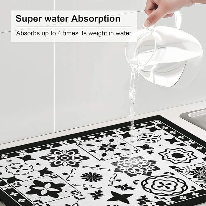 Retro Black Pattern Dish Drying Mat 18x24 For Kitchen Counter Absorbent Microfiber Dishes Pad Dish Drainer Rack Mats Fast Dry Kitchen Accessories