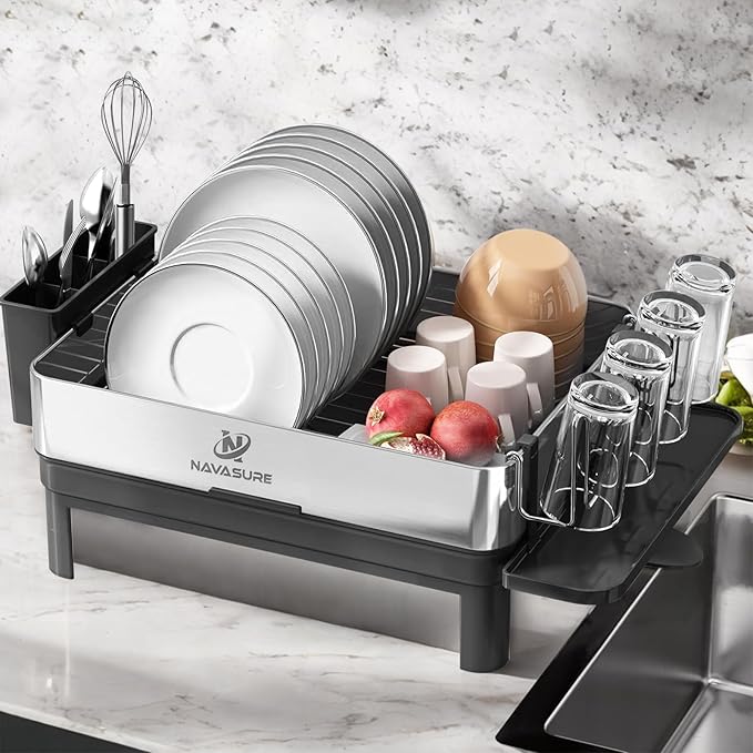 NAVASURE Dish Drying Rack | Stainless Steel Dish Rack for Kitchen Counter, Space Saving | Dish Drainer with Drainage & Utensil Holder | Escurridor de Platos para Fregadero (Black)