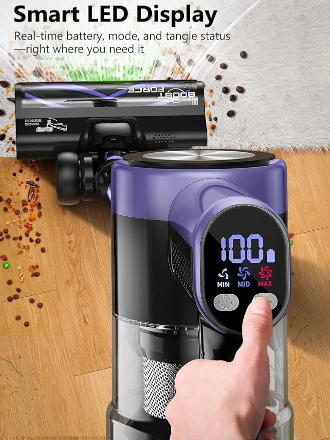 Cordless Vacuum Cleaner, 46KPa/500W Stick Vacuum with 55 Mins Runtime, Self-Standing Vacuum Cleaner for Home, LED Display, Anti-Tangle Brush, Rechargeable Vacuum for Hardwood Floor, Pet Hai (Purple)
