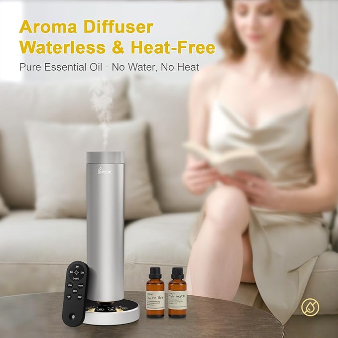 Waterless Diffuser,1500 Sq Ft,Ring Ambient Light,Rechargeable Wireless, Aluminum,Remote Control&Touch Buttons,Adjustable Fragrance Intensity&Timer,Hotel Collection Scent Machine - Silver