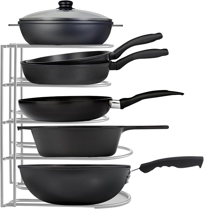 Extreme Matters Heavy-Duty Pots and Pans Organizer | 5-Tier Cookware & Lid Storage Rack | Free-Standing or Wall-Mount | Kitchen Organizer for Cast Iron Skillets, Pots, Frying Pans, Lids | Chrome