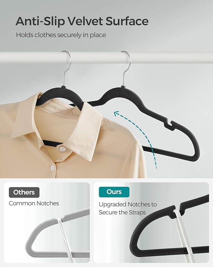 SONGMICS Velvet Hangers 10 Pack, Non-Slip Clothes Hangers with Shoulder Notches, Pants Bar, 360° Swivel Hook, Space-Saving, for Closet, Ink Black UCRF029B01
