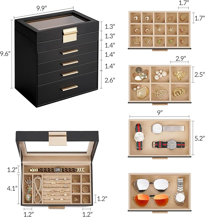 Jewelry Box, 5 Layers Jewelry Storage Display Box with Glass Lid for Women, 4 Drawers,Large Capacity for Necklace Earrings Bracelets Rings, Black