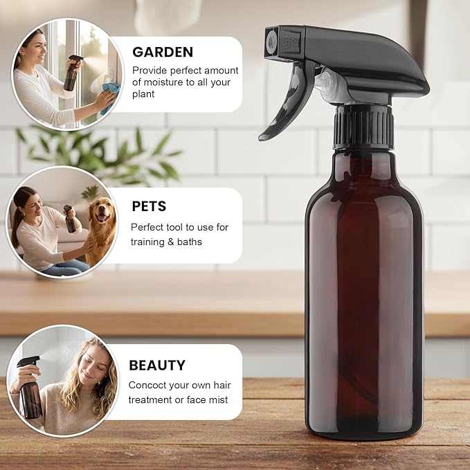 Hethyo Glass Spray Bottles 12oz Empty Spray Bottle Mist/Stream Spraying Small Refillable Containers for Hair Care, Cleaning Solutions, Plants, Essential Oils 2 Pack (Brown, 12oz)