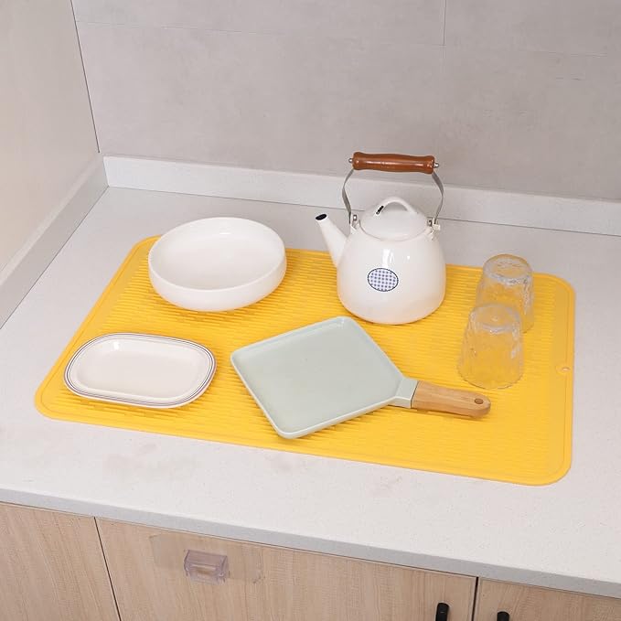 MicoYang Silicone Dish Drying Mat for Multiple Usage,Easy clean,Eco-friendly,Heat-resistant Silicone Mat for Kitchen Counter or Sink,Refrigerator or Drawer Liner Yellow 3XL 28 inches x 18 inches