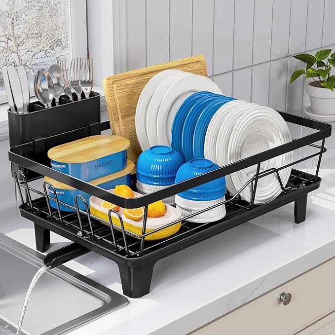 Urackify Dish Drainers for Kitchen Counter - Large Capacity Dish Drying Rack with Drainboard, Rustproof & Sturdy Design, Black Dish Rack Perfect for Plates, Cups & Kitchen Countertop Organization