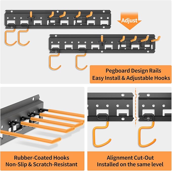 Garden Tool Organizer Wall Mount - Garage Storage and Organization Yard Tool Hanger with Adjustable Pegboard Hooks Shed Rack for Broom Mop Shovel Rake Trimmers, 64 inch Max 750lbs, Black