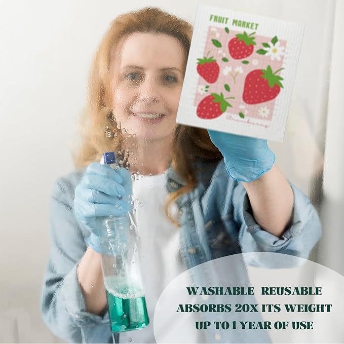 LARTSFRO Swedish Dishcloths for Kitchen, Pink Strawberries Peach Cherry Lemon Swedish DishCloths for Friut Market, 4 Pack Dish Towels for Kitchen, Papaya Reusable Paper Towels Washable