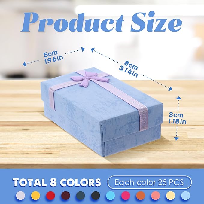 Batiyeer Jewelry Gift Boxes Set Empty Small Gift Cardboard Boxes for Jewelry Packaging with Ribbon Bowknot for Anniversaries Weddings Birthday, 8 Colors(200 Pcs)