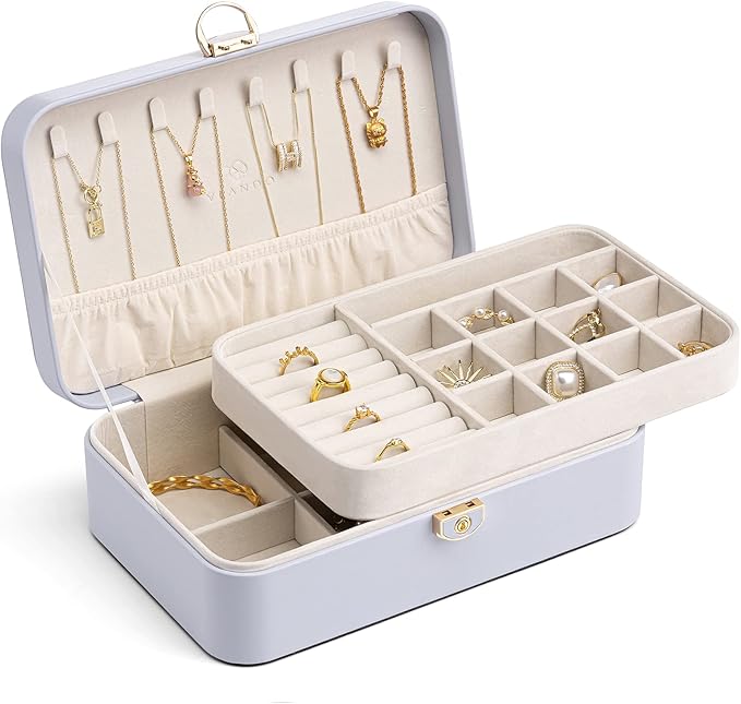 Vlando Jewelry Box Organizer for Girl,Faux Leather Lockable Jewelry Holder Organzier Case Boxes with 2 Layers,Earrings Necklace,Rings Storage,Wedding Warm Gifts Purple