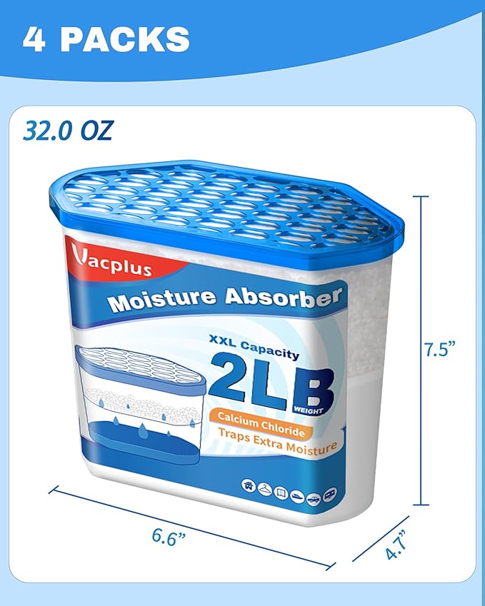 Vacplus Moisture Absorber Buckets – Large Capacity Dehumidifier and Humidity Absorber for Closet, Basement, Bathroom, RV, and Storage Areas, Unscented, 2 lbs, 4 Pack