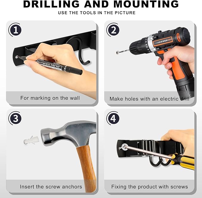 Broom Holder Wall Mount, Stainless Steel Mop Hanger with 4 Slots 6 Hooks, Tool Storage Wall Organizer for Kitchen Garden Garage Laundry Room Bathroom and RV, Black 1-Pack