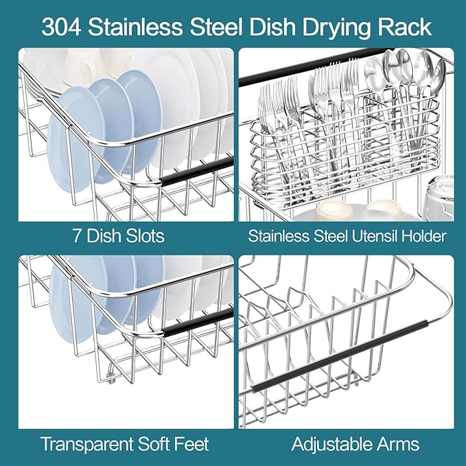 YZPGBT Large Dish Drying Rack in Sink Expandable, Adjustable 304 Stainless Steel Metal Dish Drainer Rack Organizer with Stainless Steel Utensil Holder Over Inside Sink Counter, Rustproof